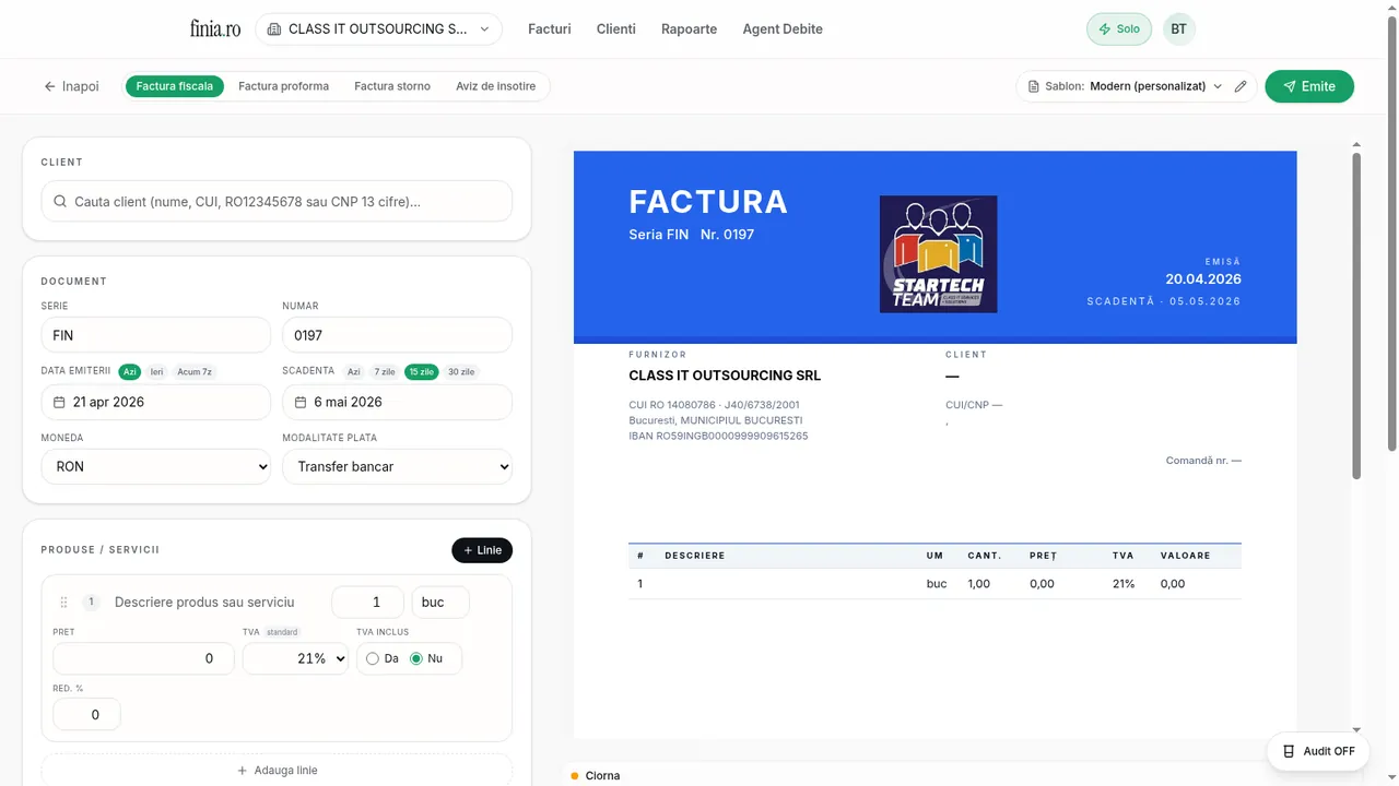 Ecranul Finia — factura noua